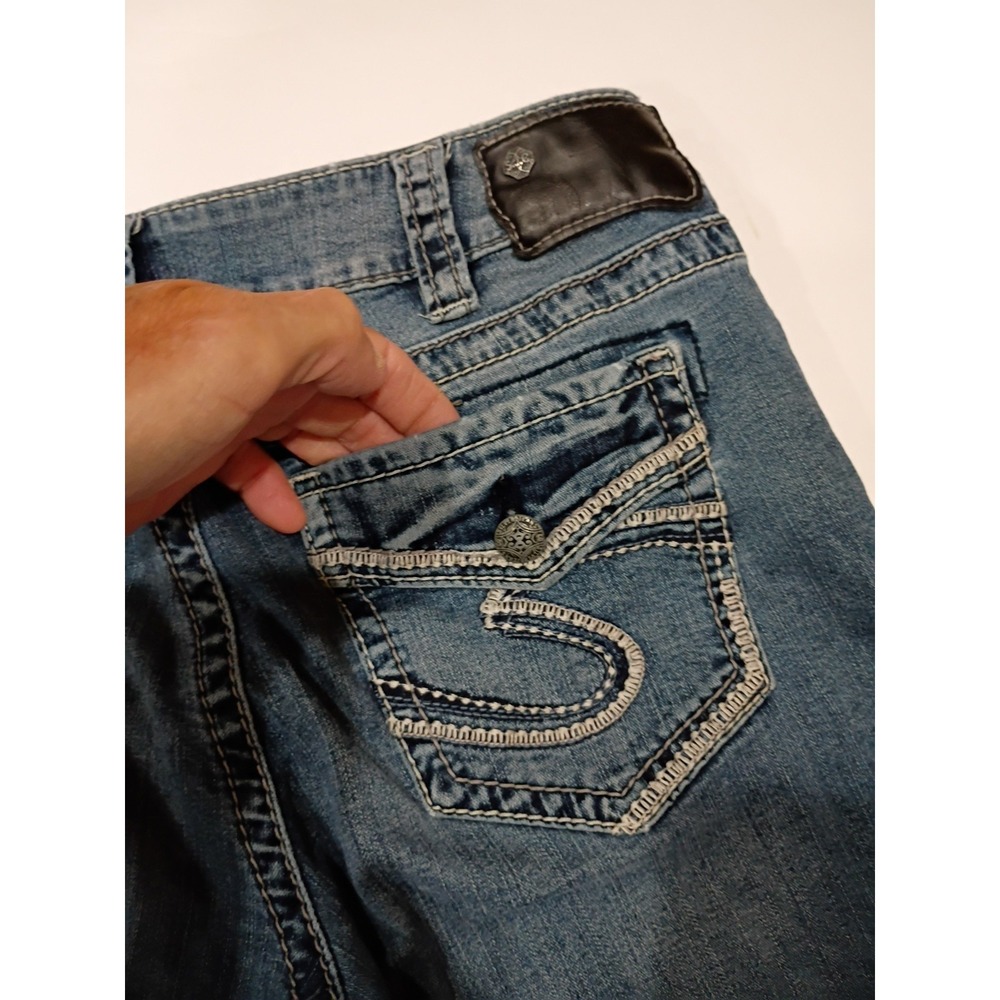 Silver Jeans Suki Womens 31x31 Blue Mid Rise Boot Stretch Fluid Denim False Flap - Picture 6 of 9